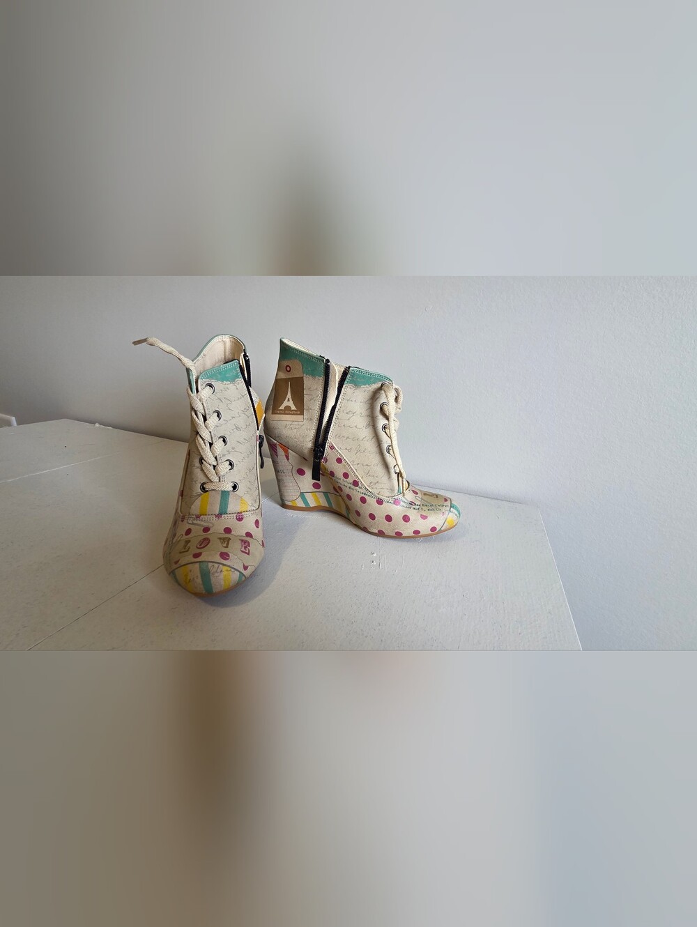 Goby "Parisian Love / See You In Paris" Printed Vegan Leather Wedge Ankle Boots.